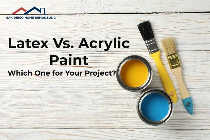 Paint cans and brushes on a white wooden background with "Latex Vs. Acrylic Paint: Which One for Your Project?" text and San Diego Home Remodeling logo