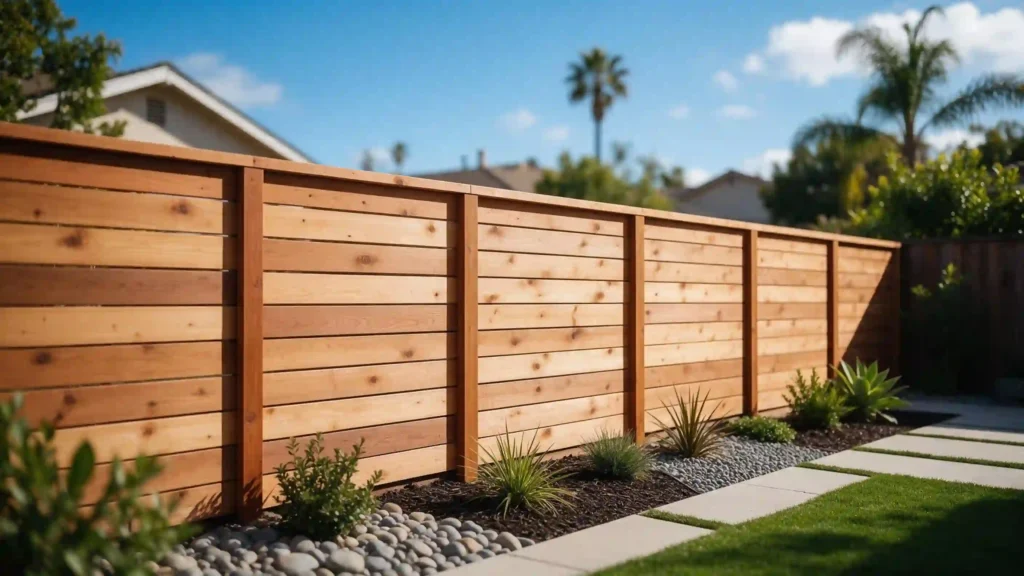 Modern horizontal cedar wood privacy fence installation in a San Diego backyard with landscaped rock garden and palm trees