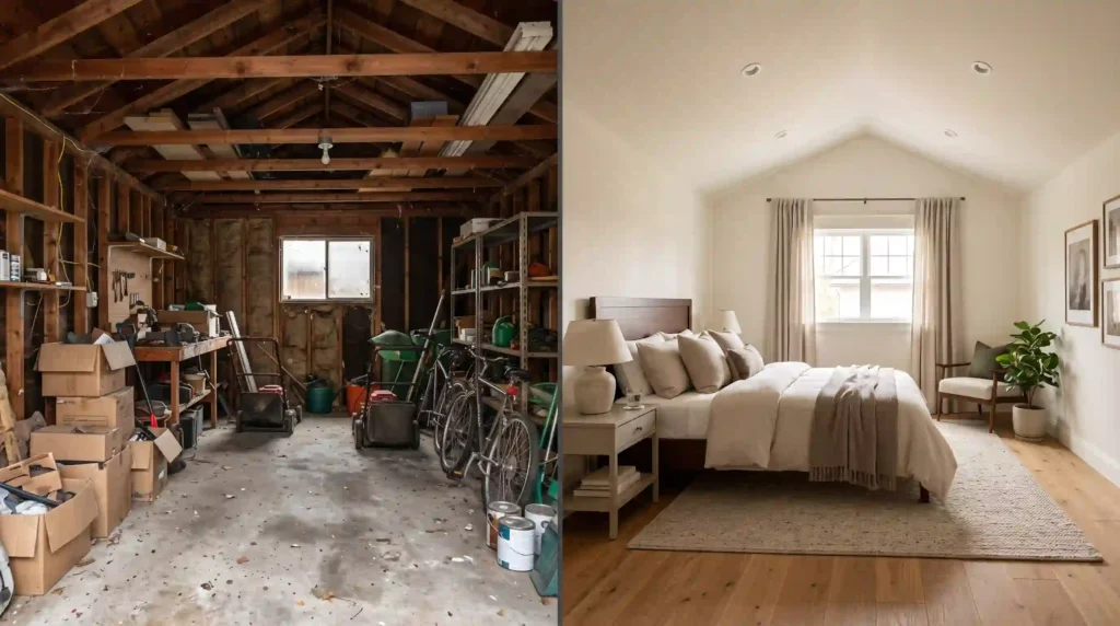 Before and after garage conversion showing cluttered garage transformed into bedroom - how much does a garage conversion cost
