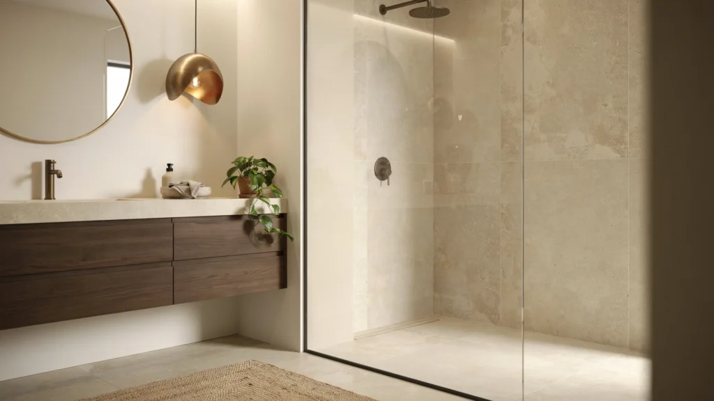 Close-up of a 2026 trend bathroom vanity with sculptural brass pendant light, walnut cabinetry, and glass-enclosed limestone shower.