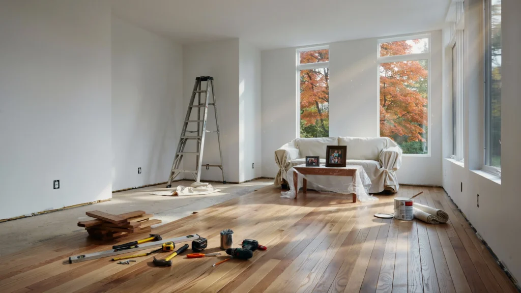 Bright living room renovation with hardwood floors, tools laid out, a ladder against a white wall, and vivid orange fall trees outside tall windows