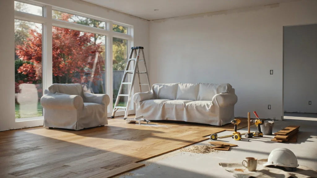 Spacious living room under renovation in fall with covered furniture, a ladder, power tools, and red autumn trees visible through floor-to-ceiling windows