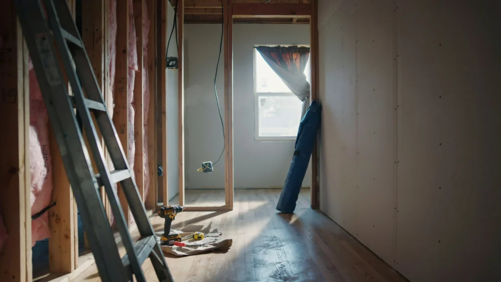 Framed hallway with exposed insulation leading to a sunlit room during a full house renovation