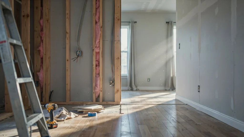 Exposed studs with new electrical wiring during a full remodel, with a finished room visible beyond