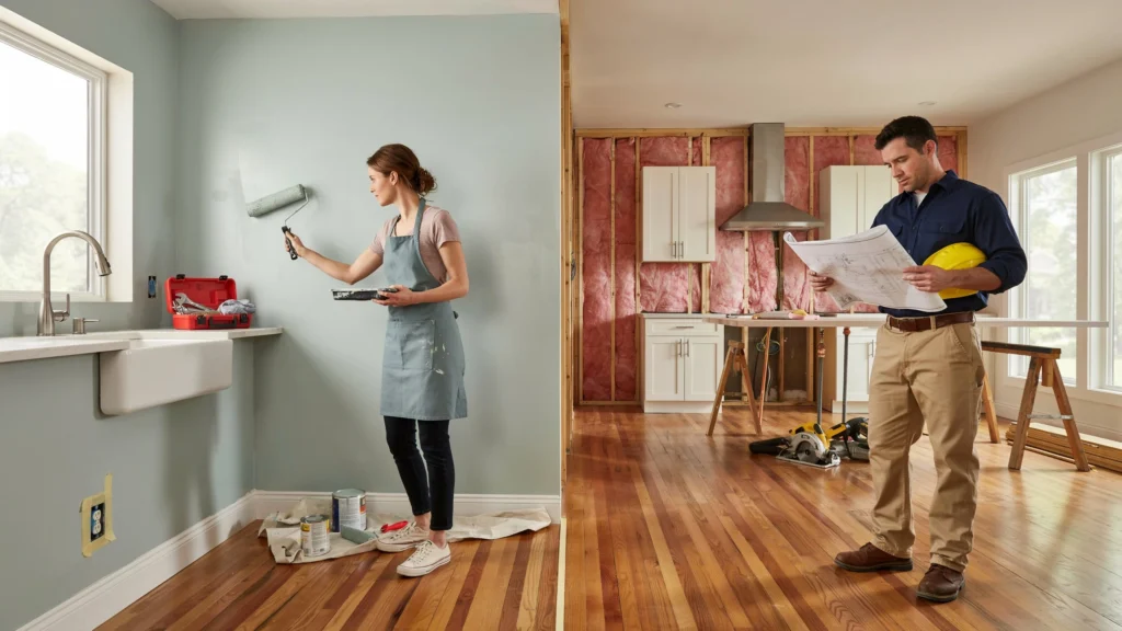 Split image showing a woman painting a wall in an apron on the left and a contractor holding blueprints next to exposed insulation and framing on the right
