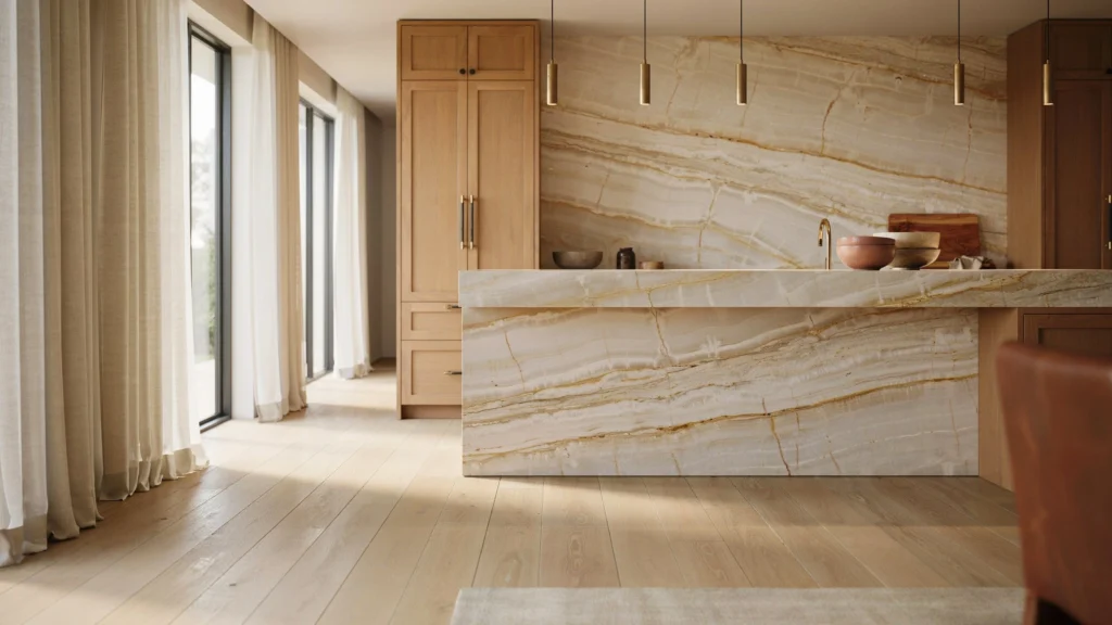 Kitchen island with warm veined stone waterfall edge and matching full-height stone backsplash under brass pendant lights