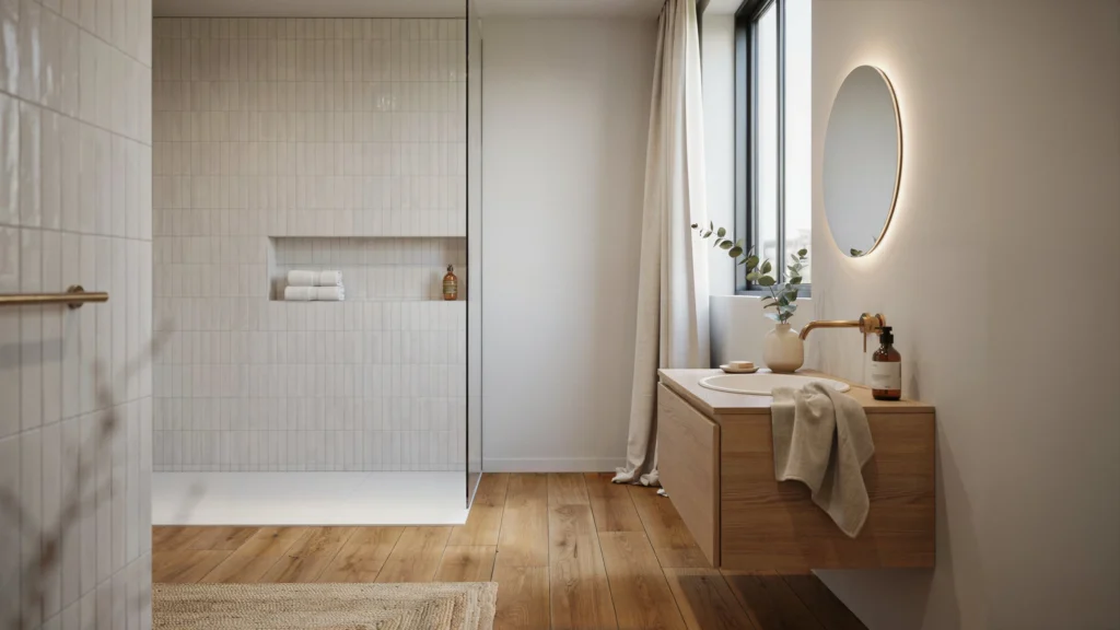 Bright bathroom with vertical tile shower wall, glass partition, wood vanity, round gold-framed mirror, and large window with sheer curtain.