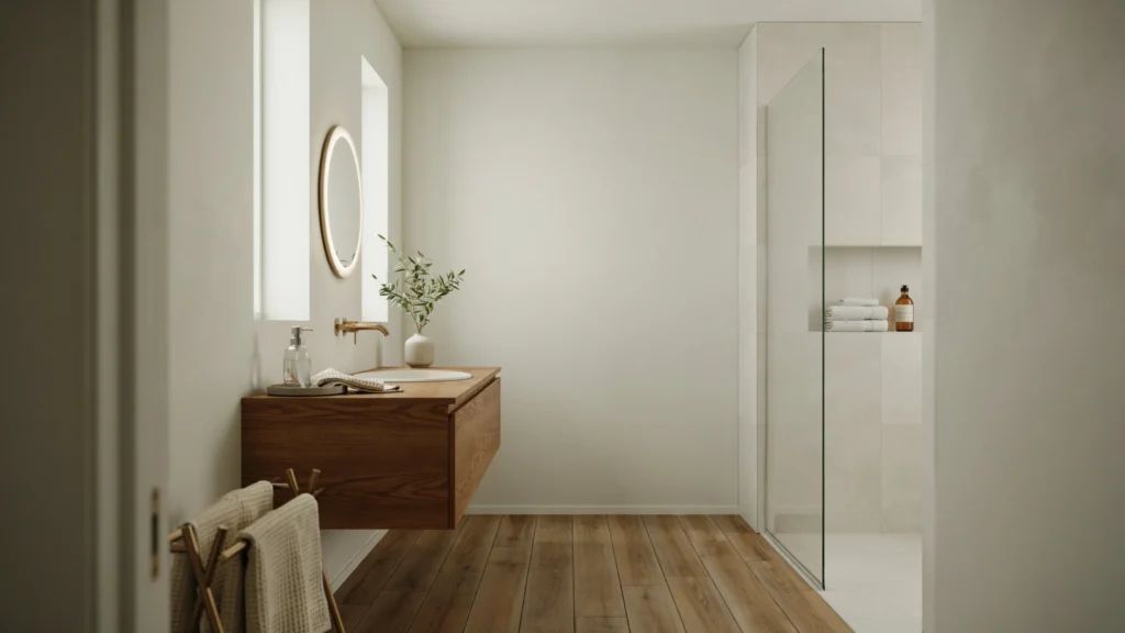 Scandinavian-style bathroom with herringbone-free wide-plank wood flooring, floating walnut vanity, oval backlit mirror, and glass shower with tiled storage niche.