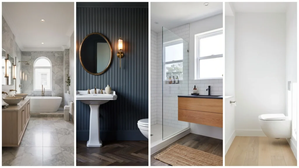 Side by side comparison of four bathroom types including a marble full bathroom with freestanding tub, a dark half bathroom with pedestal sink, a three-quarter bathroom with glass shower, and a minimal quarter bathroom