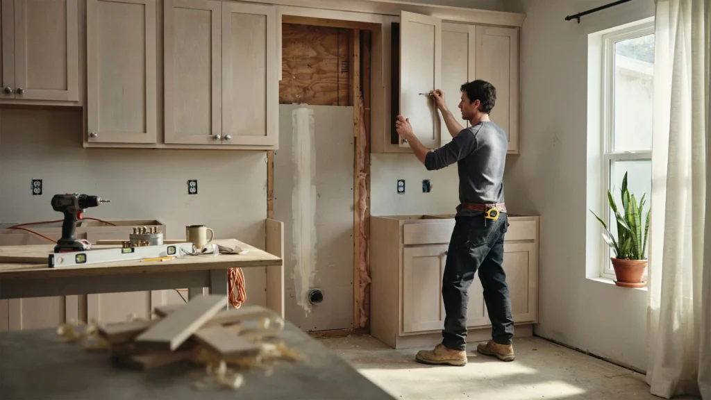 Contractor attaching a painted cabinet door in a kitchen renovation with new base cabinets and exposed wall framing
