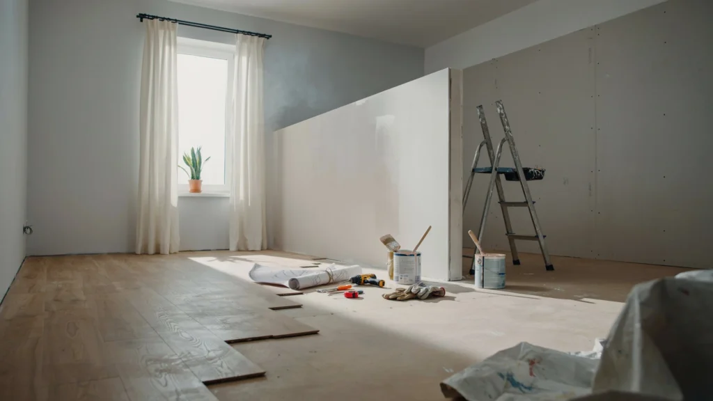 Renovation room with drywall partition, ladder, paint cans, gloves, and blueprints on unfinished wood flooring beside a sunlit window