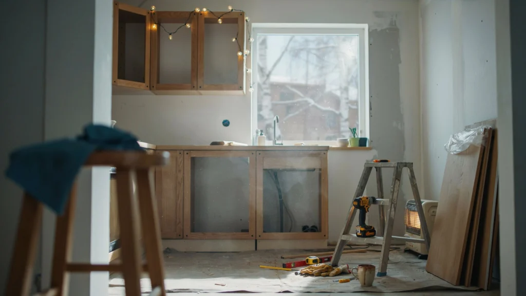 Wide view of a kitchen renovation in progress with open cabinet doors and a space heater near the window