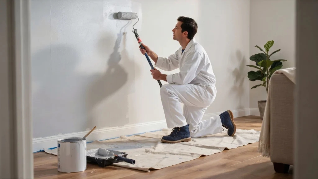 Painter kneeling on a drop cloth applying white paint to a hallway wall with a roller and extension pole