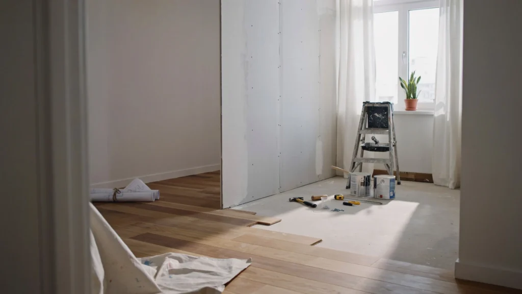 Empty room renovation scene with a paint-splattered ladder, paint cans, tools, and rolled blueprints on partially finished wood flooring
