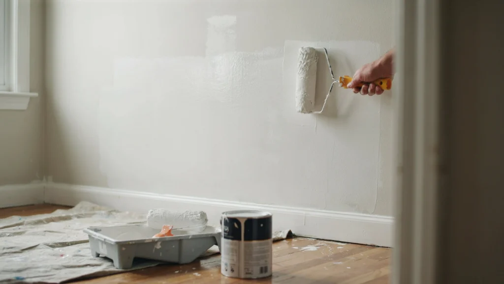 Person painting a wall white with a roller, paint can and tray on a drop cloth in a partially painted room