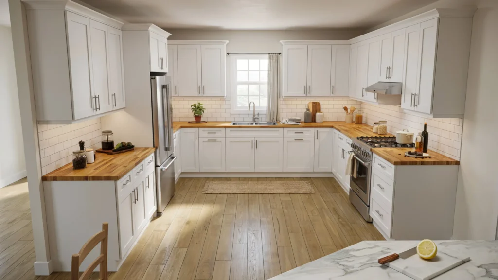 White shaker kitchen with butcher block counters, subway tile backsplash, and marble island countertop in foreground