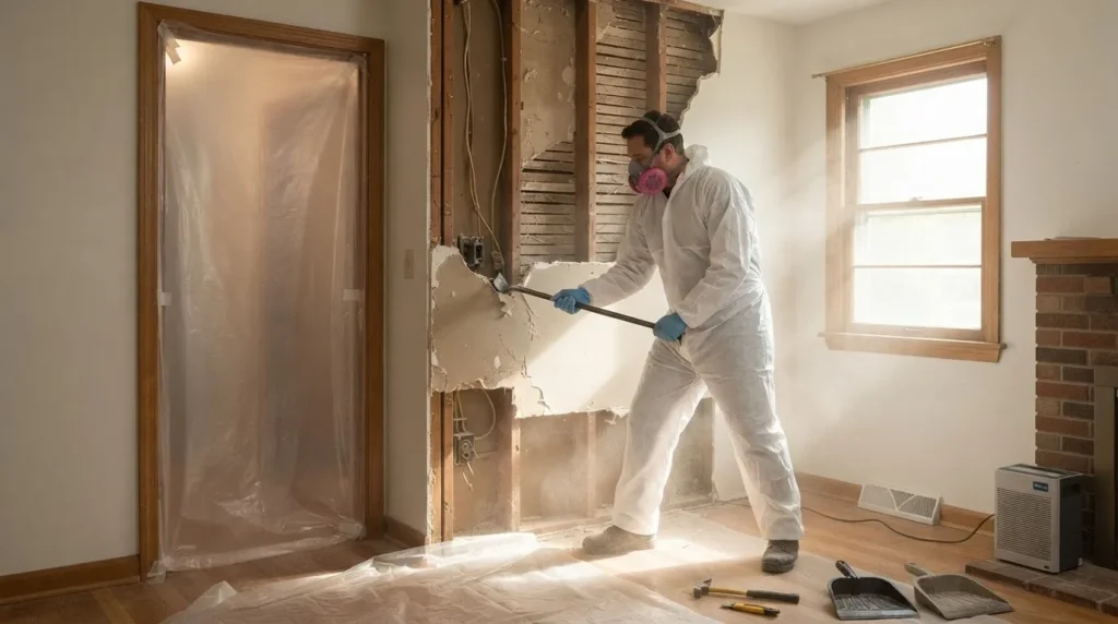 Would a home remodel trigger toxins in house. worker in protective suit and respirator demolishing drywall with sealed containment barrier and air filtration unit visible