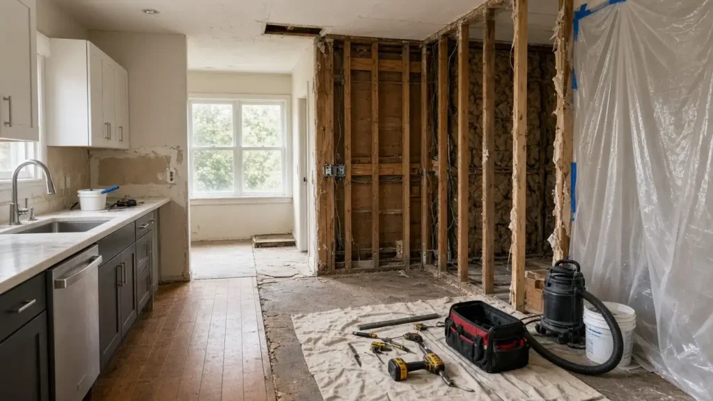 Would a home remodel trigger toxins in house — kitchen renovation with exposed wall studs, insulation, containment sheeting, and HEPA vacuum on site