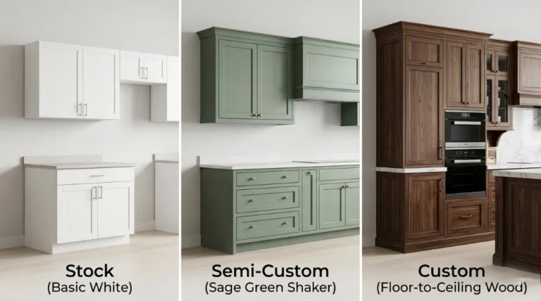 Three kitchen cabinet types for a 12x12 kitchen remodel: stock basic white cabinets, semi-custom sage green shaker cabinets, and custom floor-to-ceiling dark wood cabinets side by side
