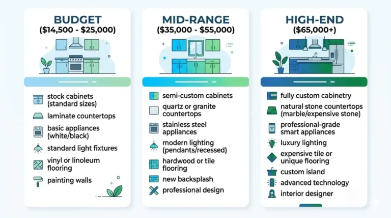 Infographic comparing 12x12 kitchen remodel cost tiers: budget ($14,500-$25,000) with stock cabinets, mid-range ($35,000-$55,000) with quartz countertops, and high-end ($65,000+) with custom cabinetry