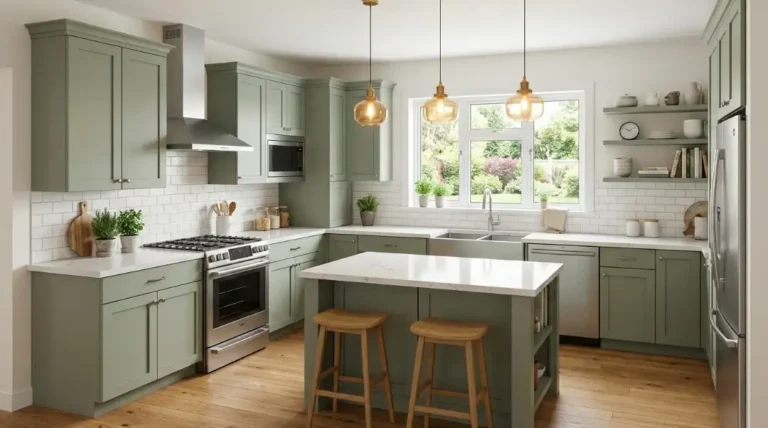 12x12 kitchen remodel cost example showing sage green shaker cabinets, white quartz countertops, stainless steel appliances, and hardwood flooring in a modern L-shaped kitchen layout