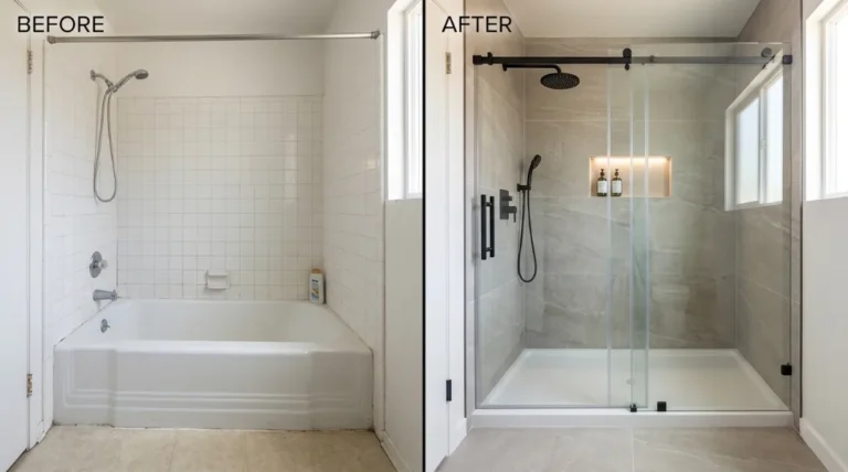 Before and after tub to shower conversion showing old white bathtub replaced with modern walk-in shower and frameless glass sliding door