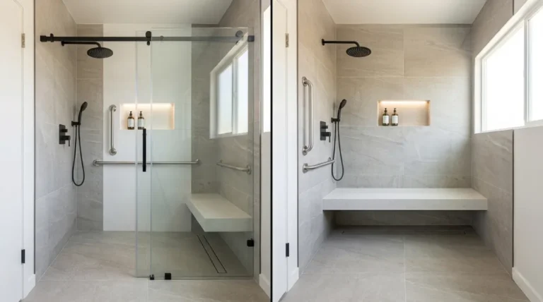 Tub to shower conversion with grab bars, built-in bench, rainfall shower head, and curbless walk-in shower in large format tile bathroom