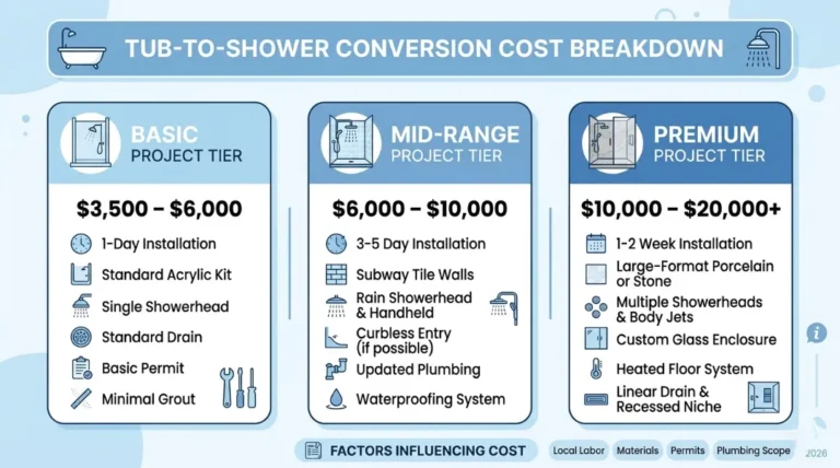 Tub to shower conversion cost breakdown infographic showing basic mid-range and premium project tiers with pricing and included features