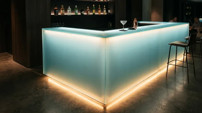 3Form Chroma translucent backlit acrylic resin bar counter glowing in soft blue-green light with warm LED underlighting in a modern interior