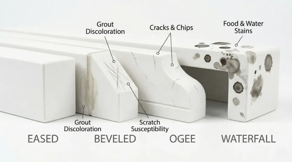Four countertop edge profiles compared — eased, beveled, ogee, and waterfall — showing common issues like grout discoloration, scratch susceptibility, cracks, and water stains