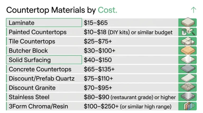 Countertop materials by cost chart showing price ranges from laminate at $15 to 3Form Chroma at $250 per square foot