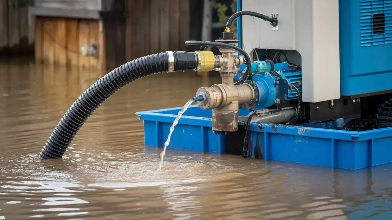 Professional water extraction equipment in action, removing standing water from a flooded home. Industrial pumps can extract 50-100 gallons per minute to prevent mold growth and structural damage.