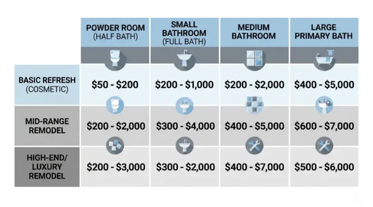 Infographic showing average bathroom remodel cost by size — powder room, small, medium, and large primary bath across basic, mid-range, and high-end tiers