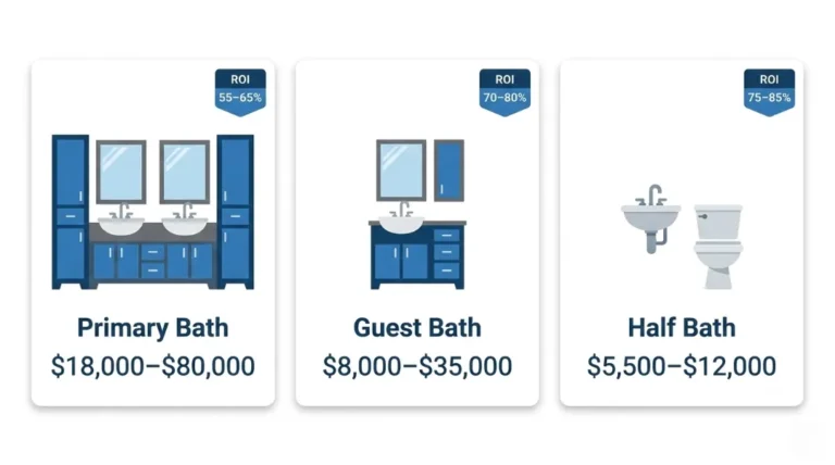Infographic comparing bathroom remodel cost by type — primary bath $18,000–$80,000 with 55–65% ROI, guest bath $8,000–$35,000 with 70–80% ROI, and half bath $5,500–$12,000 with 75–85% ROI