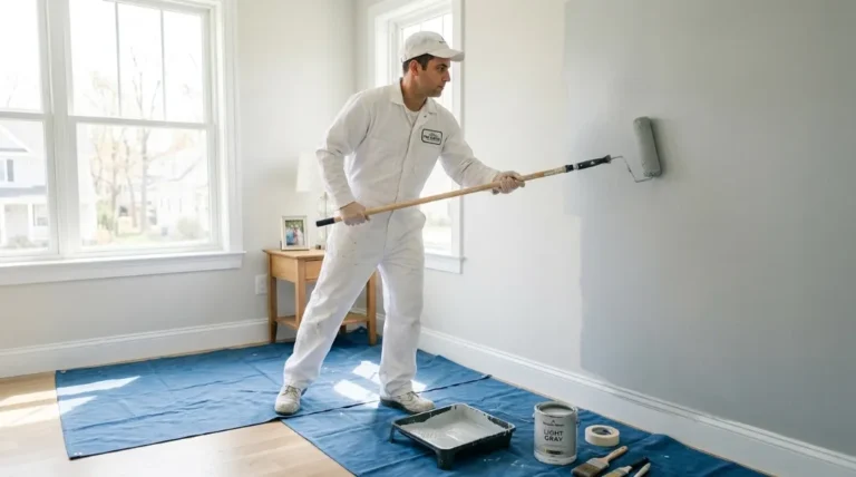 Professional painter in white uniform rolling light gray paint on a living room wall with drop cloths paint tray and brushes on the floor