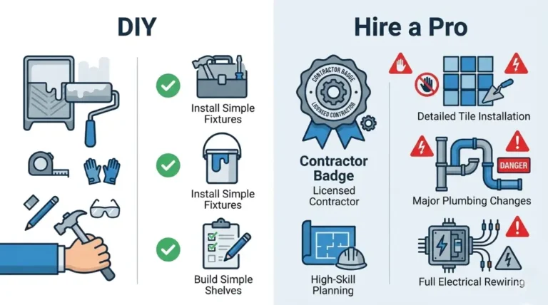 Infographic comparing DIY bathroom remodel vs hiring a licensed contractor DIY covers simple fixtures and painting, while a pro handles tile installation, major plumbing changes, and full electrical rewiring
