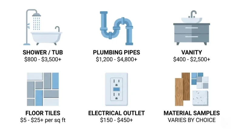 Infographic showing six key factors affecting bathroom remodel costs shower, tub, plumbing pipes, vanity, floor tiles, electrical outlet, and material samples with price ranges