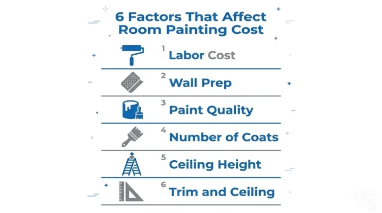 Infographic showing 6 factors that affect room painting cost including labor cost wall prep paint quality number of coats ceiling height and trim
