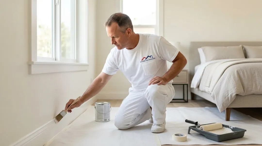 Professional painter painting baseboards in a bedroom showing how much does it cost to paint a room with drop cloths and tools visible
