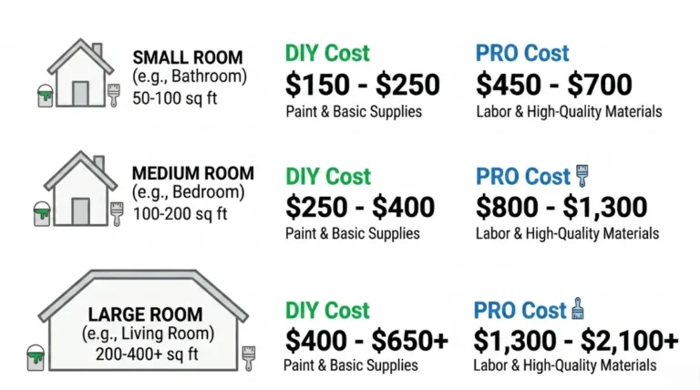 Room painting cost comparison chart showing DIY vs pro cost by room size small medium and large in 2026