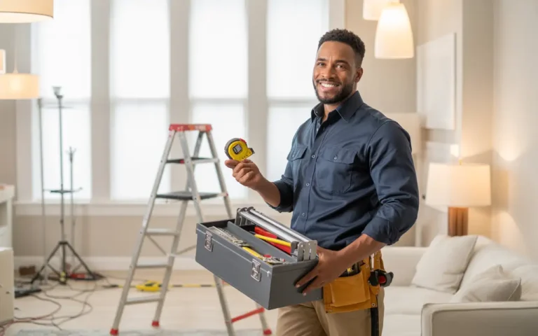 Handyman holding a toolbox inside a home, showing tools used to calculate handyman hourly rate for home repairs in 2026