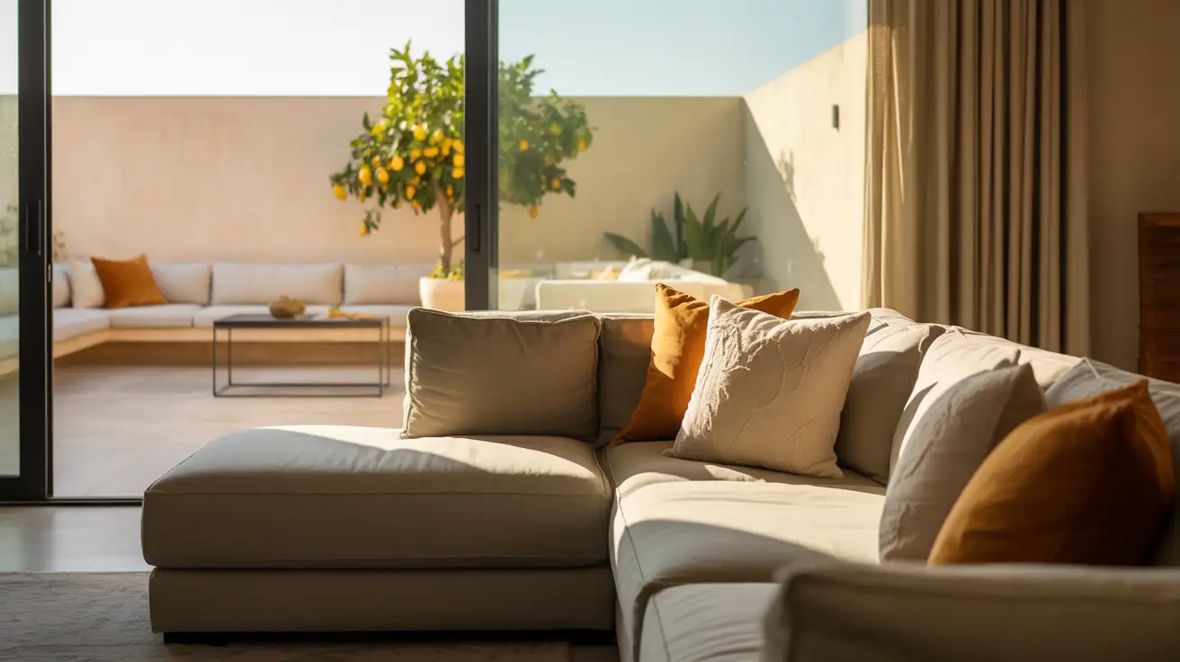 A modern living room featuring a wide sliding glass door that connects indoor comfort with outdoor space and natural light.