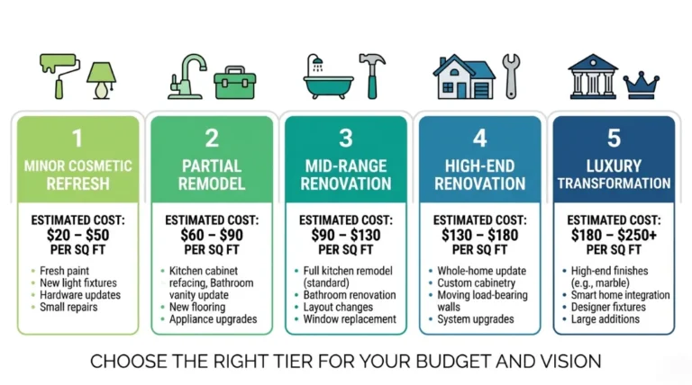 Infographic showing 5 home renovation cost tiers from minor cosmetic refresh at $20-$50 per sq ft to luxury transformation at $180-$250+ per sq ft