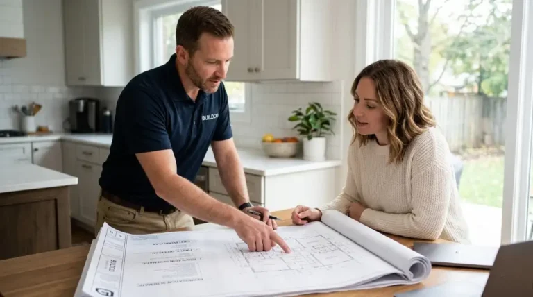 Contractor reviewing whole home renovation blueprints with homeowner in a modern kitchen discussing renovation costs and remodeling plans
