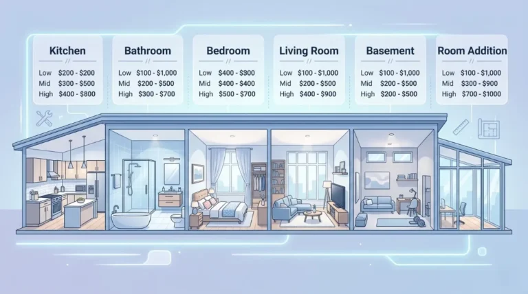 Room-by-room renovation cost breakdown infographic showing low mid and high costs for kitchen bathroom bedroom living room basement and room addition