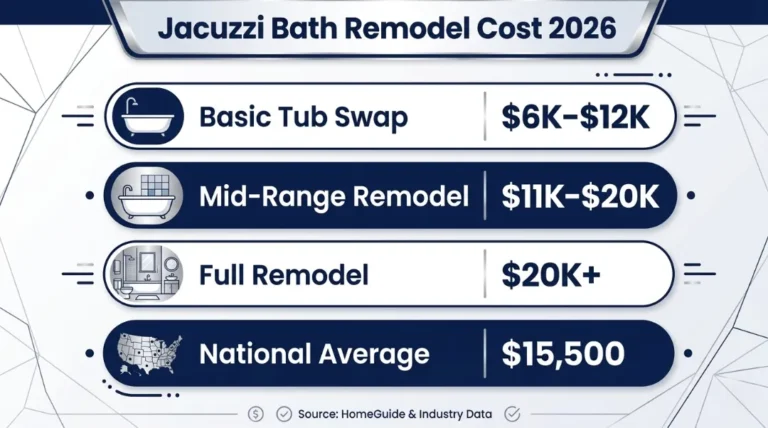 Infographic showing average jacuzzi bath remodel cost 2026 — basic tub swap $6K–$12K, mid-range remodel $11K–$20K, full remodel $20K+, national average $15,500 per HomeGuide data