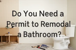 Do you need a permit to remodel a bathroom? This image showing a half-demolished bathroom with construction tools and a toilet, asking the question about remodeling permits.