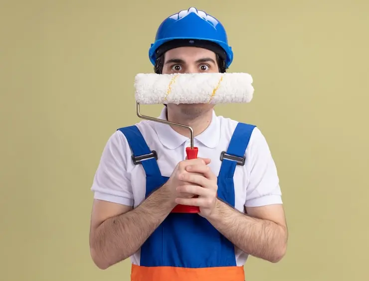 Painter in blue uniform and hard hat holding a clean paint roller in front of his face while demonstrating how to clean paint rollers.