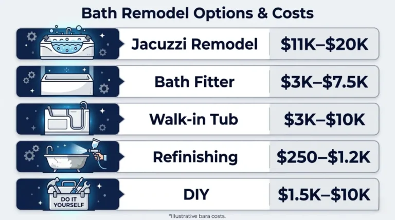 Infographic comparing bath remodel options and costs — Jacuzzi remodel $11K–$20K, Bath Fitter $3K–$7.5K, walk-in tub $3K–$10K, bathtub refinishing $250–$1.2K, and DIY bathroom remodel $1.5K–$10K