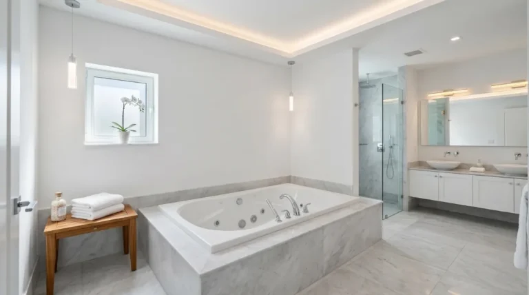 Modern luxury bathroom showing how much does a jacuzzi bath remodel cost — white jetted tub with marble surround, pendant lighting, glass shower, and double vanity